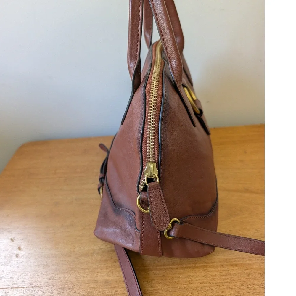 Frye Melissa Leather Satchel Cognac Brown Crossbody Bag Brass Ring Detail